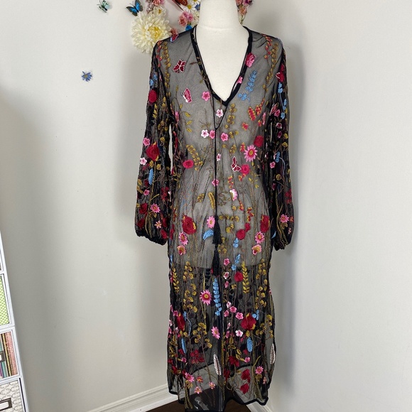 Semi Sheer Floral Embroidered Boho Maxi Dress Size Small/Medium - Picture 6 of 11